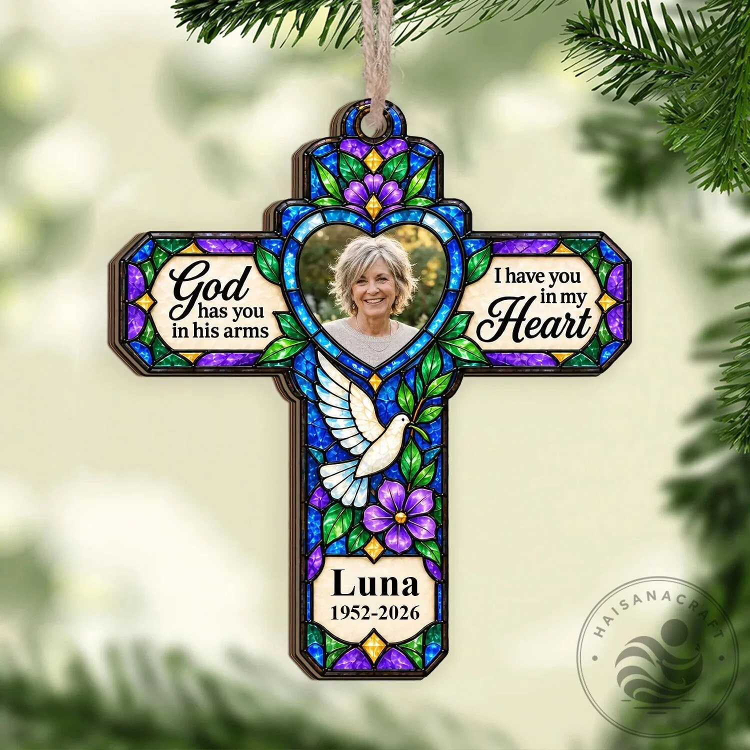 Personalized Memorial Cross Ornament with Stained Glass Style and Dove