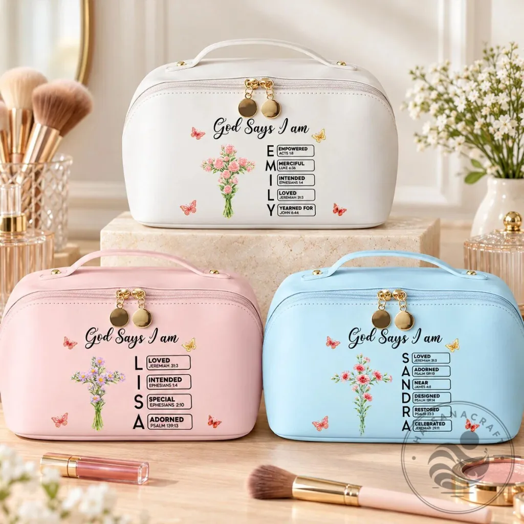 Personalized God Says I Am Christian Cross Floral Makeup Bag Personalized God Says I Am Christian Cross Floral Makeup Bag
