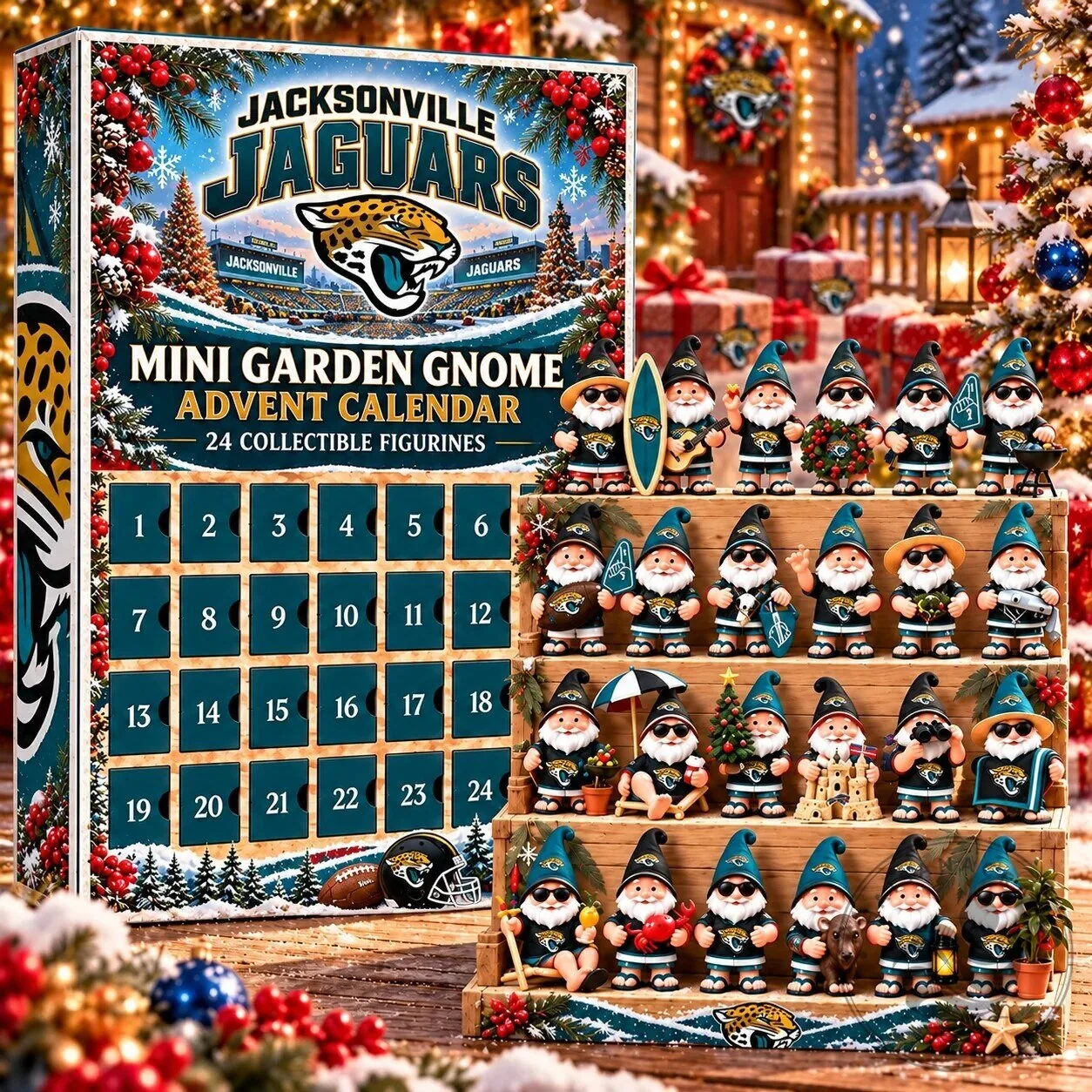 Jacksonville Jaguars Christmas Mini Garden Gnome Advent Calendar 2D