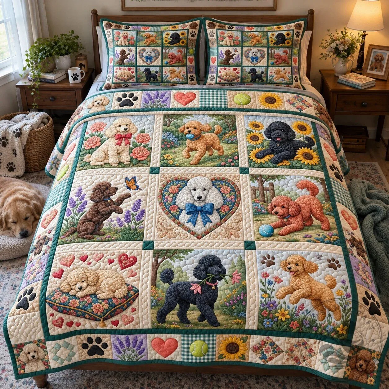 Cute Poodle Dog Breeds Patchwork Quilt Bedding Set with Pillow Shams