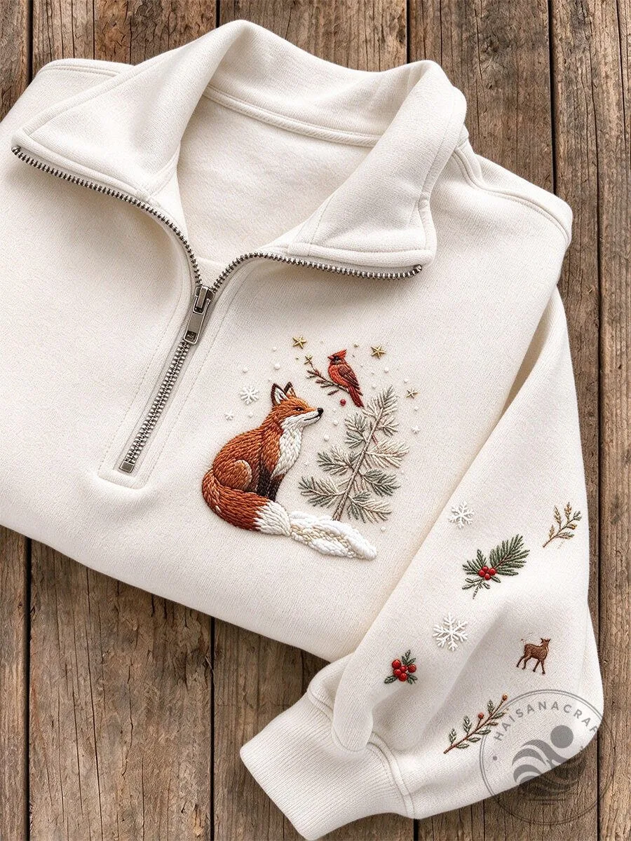 Embroidered Winter Fox And Cardinal Quarter Zip Sweatshirt 3 Embroidered Winter Fox And Cardinal Quarter Zip Sweatshirt